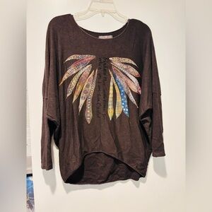Brown Feather Print Women's Top